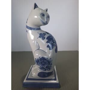 Nora Fenton Blue White Porcelain Cat Figurine Hand Painted Holland 11" Excellent